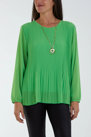 Pleated Longsleeve Top with Necklace – One Size Fits 8–16 (Available in Multiple Colours)