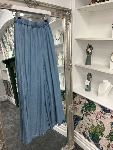 Mid Denim Wide Leg Tencel Trousers – Lightweight Casual Pants