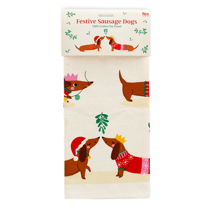 Rex Cotton tea towel - Festive Sausage Dogs