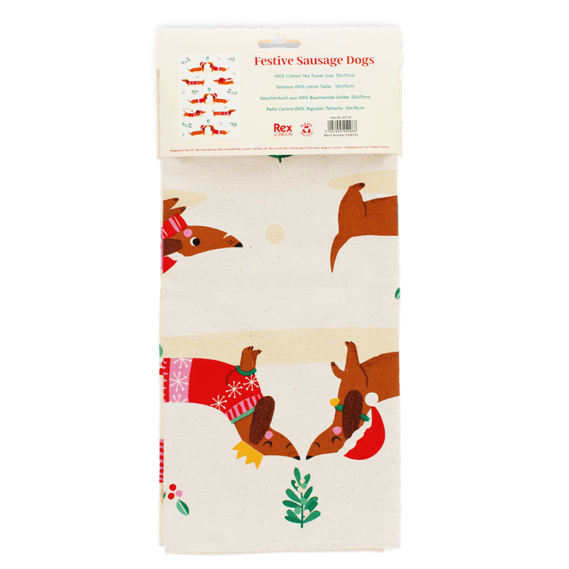 Rex Cotton tea towel - Festive Sausage Dogs