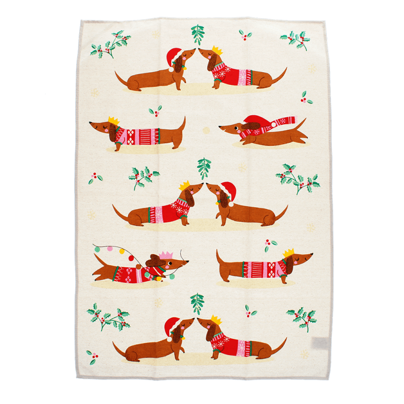 Rex Cotton tea towel - Festive Sausage Dogs