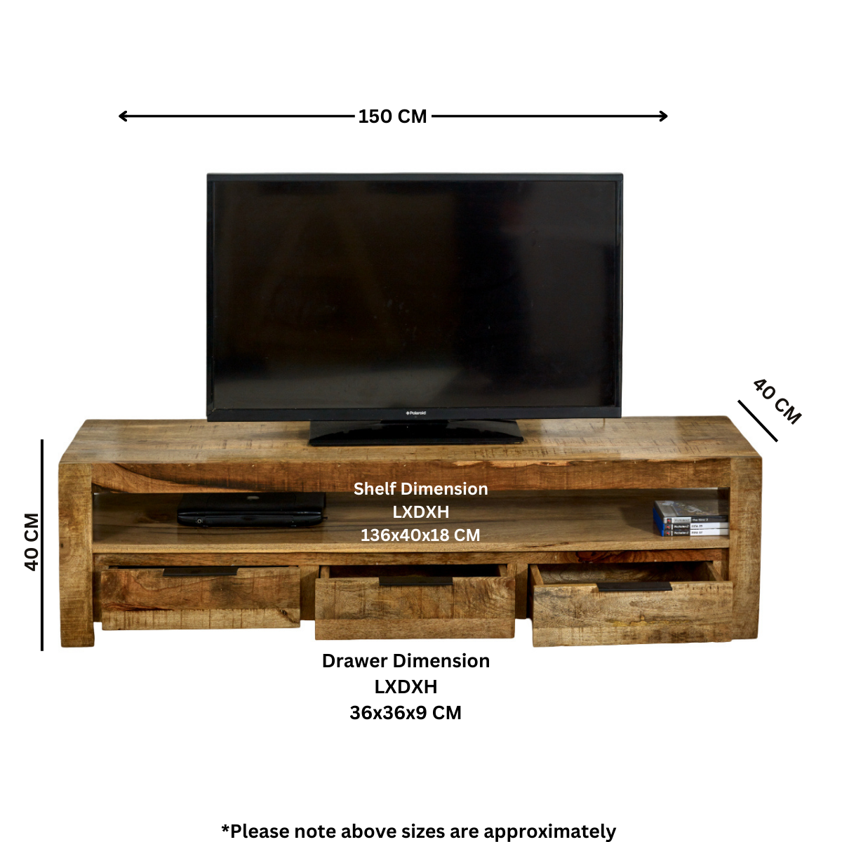 Merlin Mango Wooden Large TV Stand With 3 Drawers