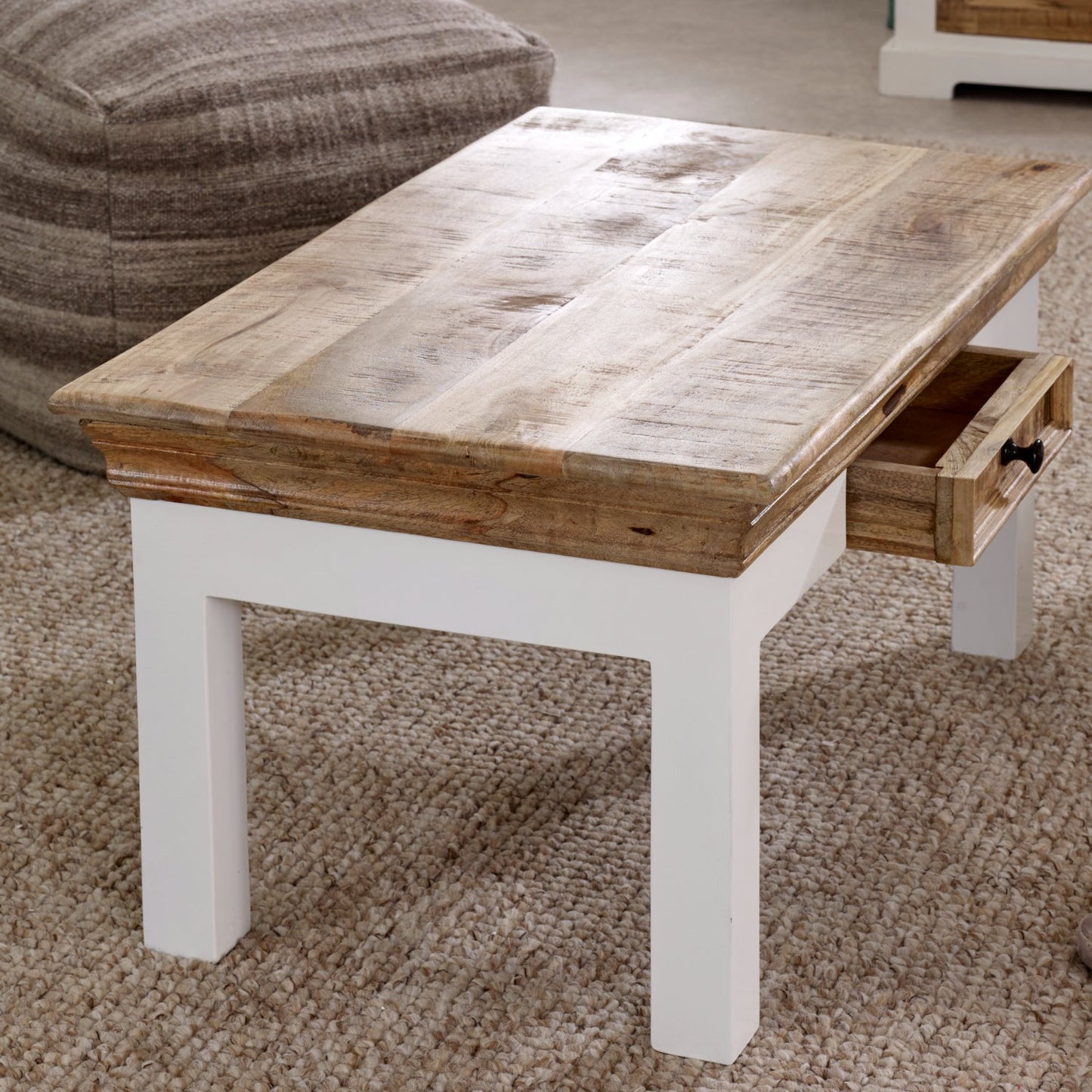 Bianco Solid Mango Wood White Coffee Table With Drawer
