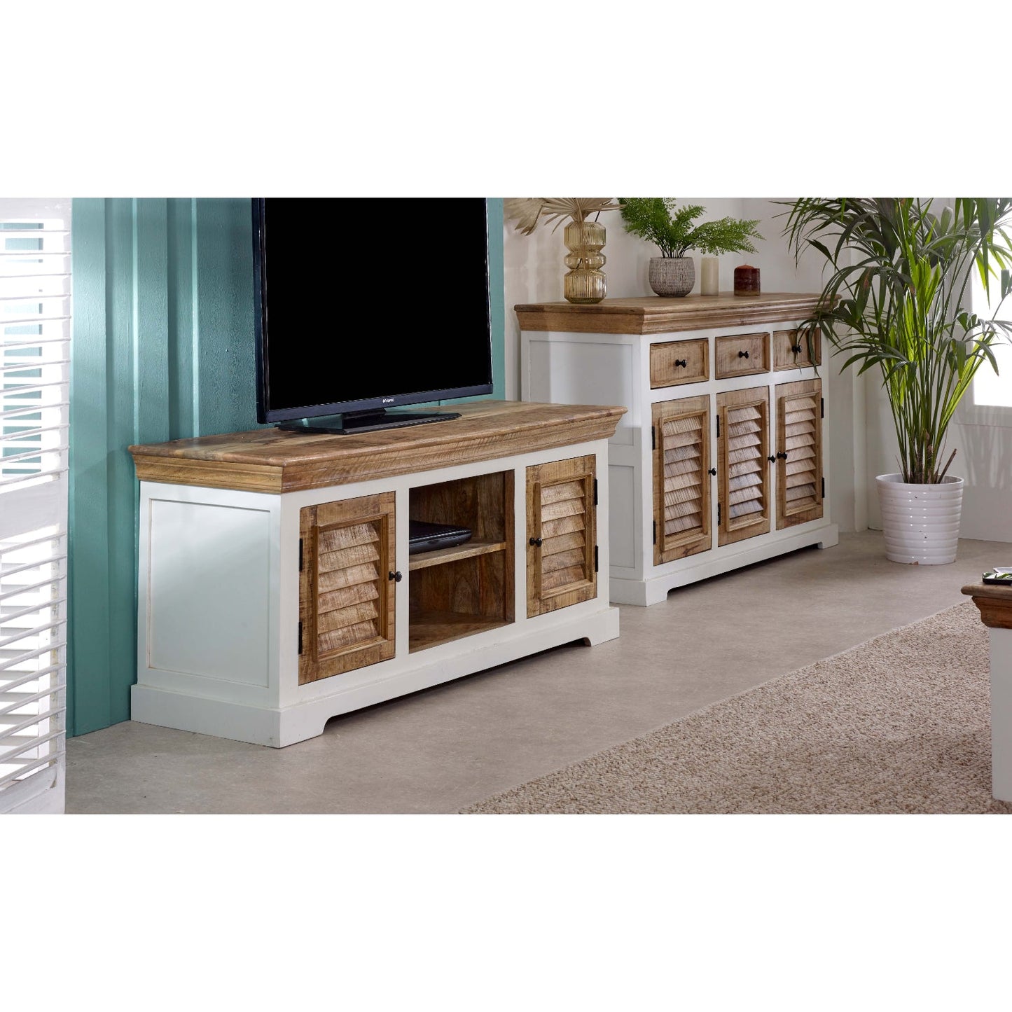 Bianco Solid Mango Wood Tv Cabinet White