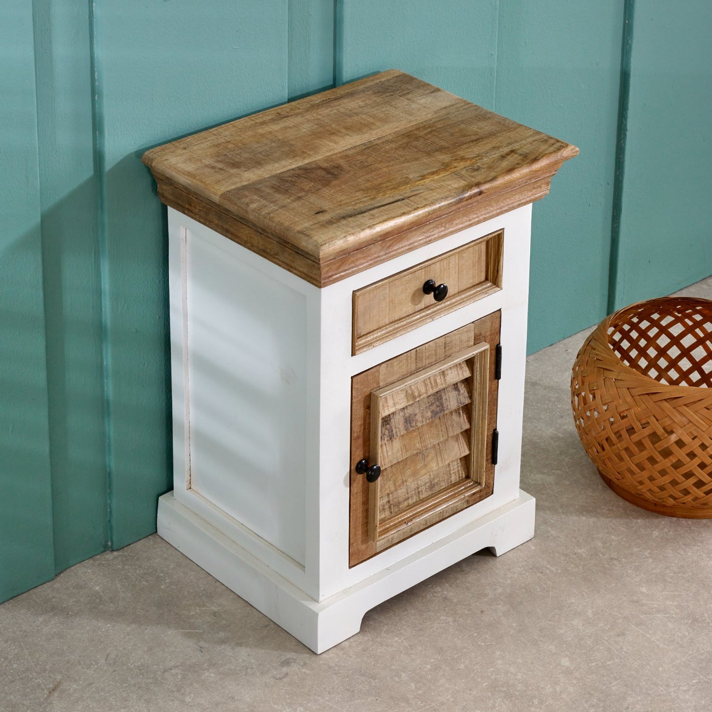 Bianco Solid Mango Wood White Bedside Cabinet with 1 Darwer & 1 Door