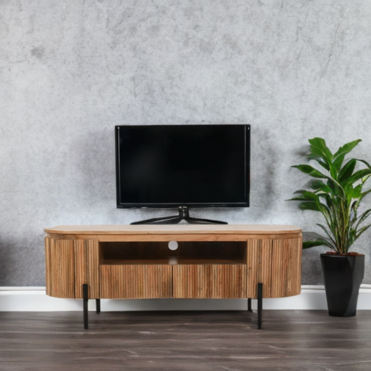 York Natural Solid Wood Tv Cabinet With Metal Legs