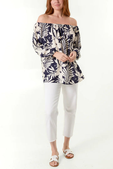 Navy Bardot Top with Floral Print | QED Off Shoulder Style