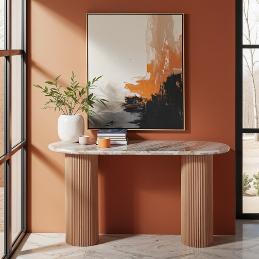 Bundi Natural Marble & Wood Pedestal Console Table