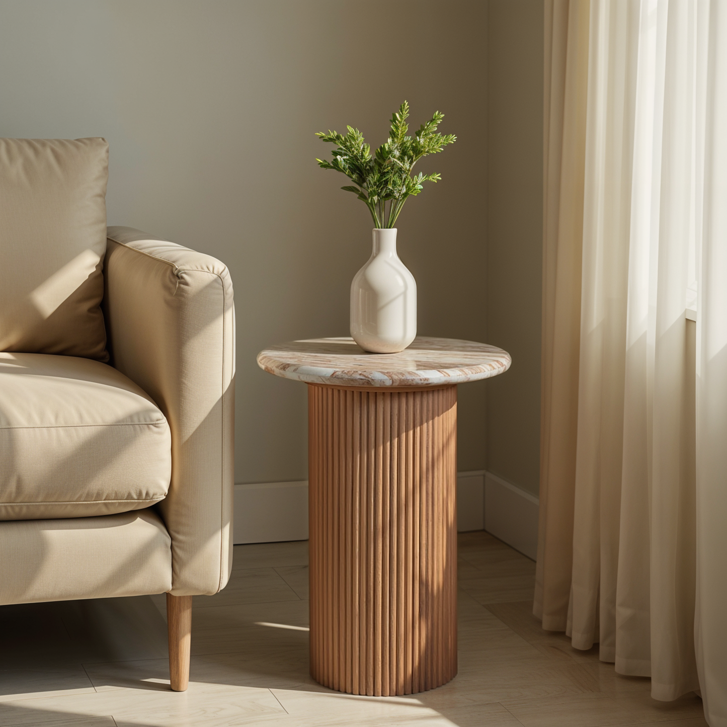 Bundi Natural Marble & Wood Pedestal Side Table