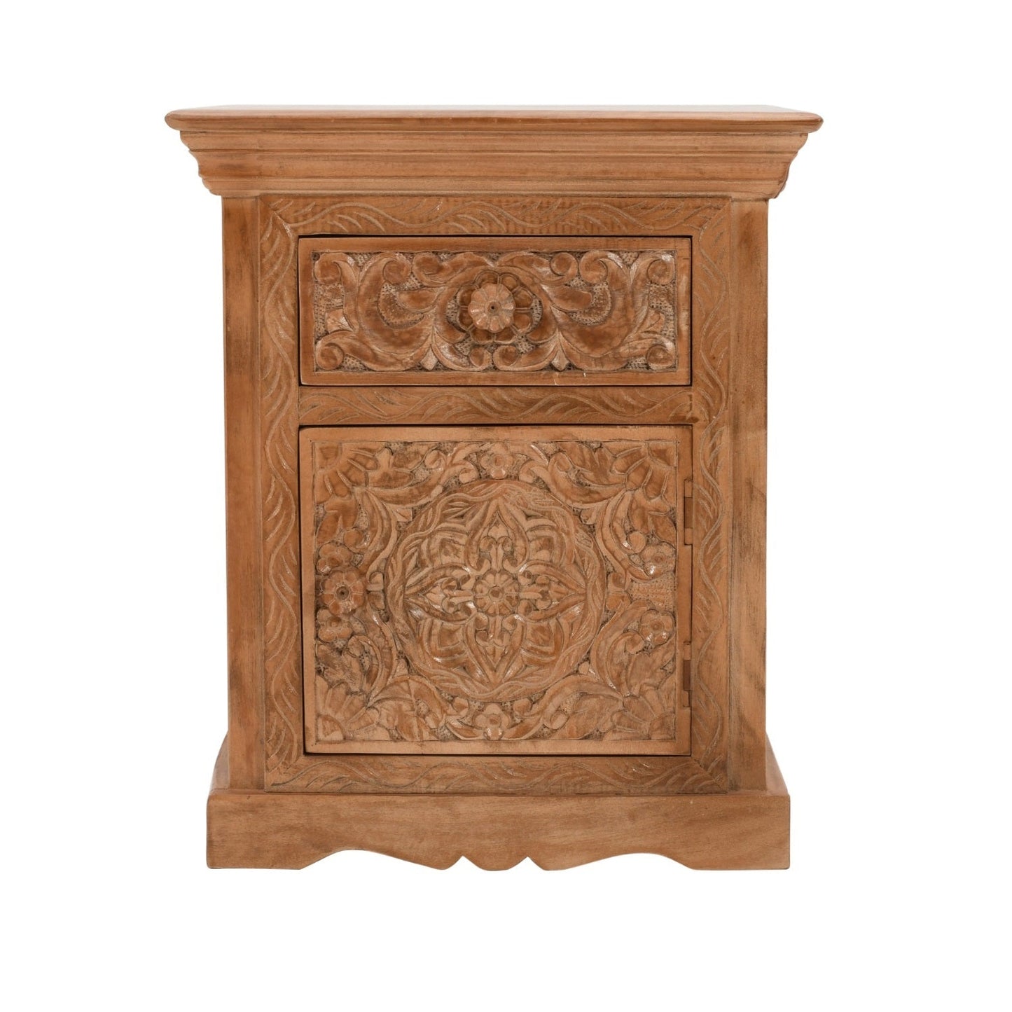 Carved Mango Wood Bedside Table With Storage