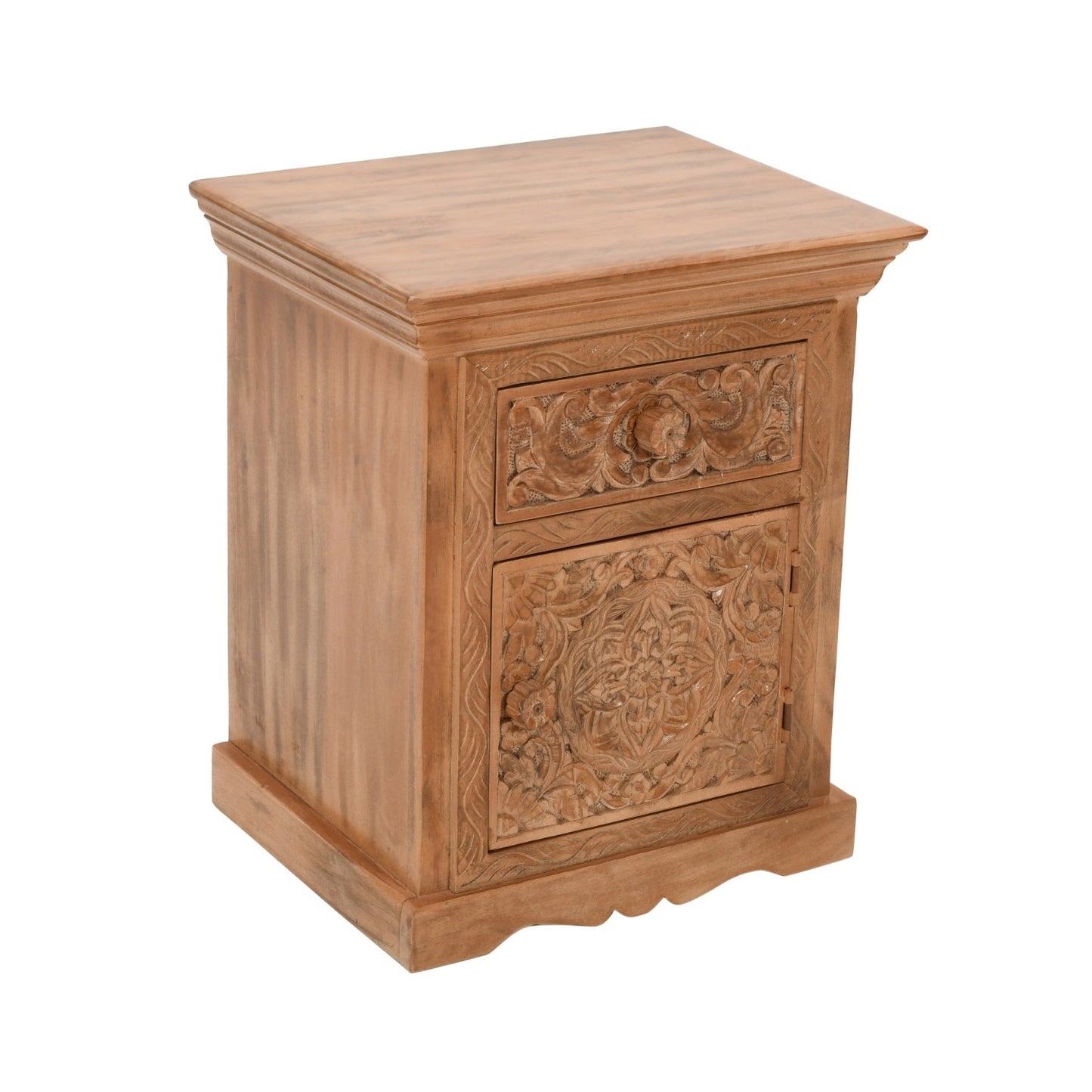Carved Mango Wood Bedside Table With Storage