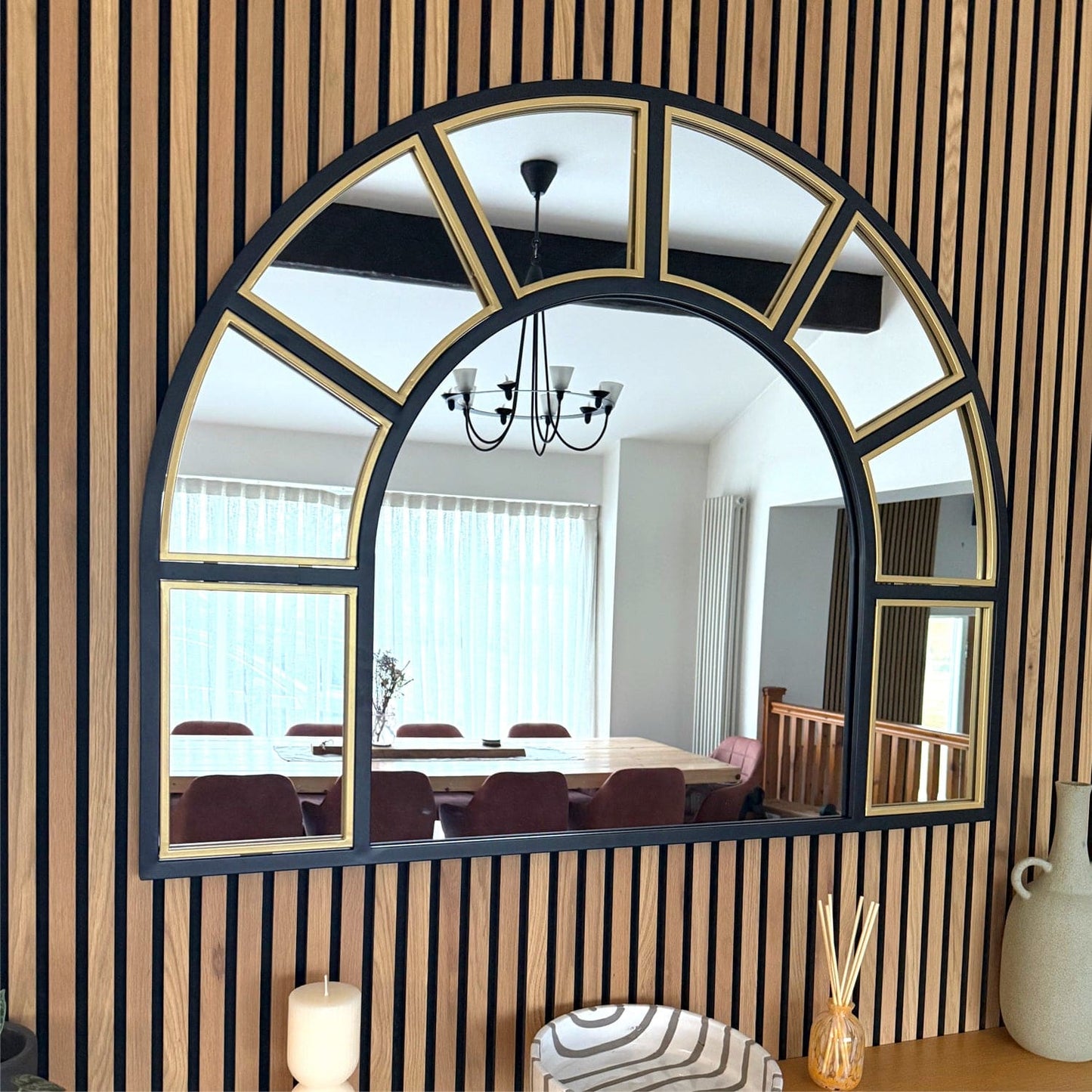 Mio - Black & Gold Metal Arched Window Mirror - 95cm x 120cm