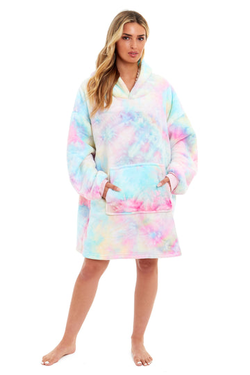 Oversized Tie Dye Rainbow Hooded Plush Fleece Blanket with Reversible Ultra Soft Sherpa, Giant Hoodie Sweatshirt for Adults and Kids with Elastic Cuffs and Pocket by Daisy Dreamer