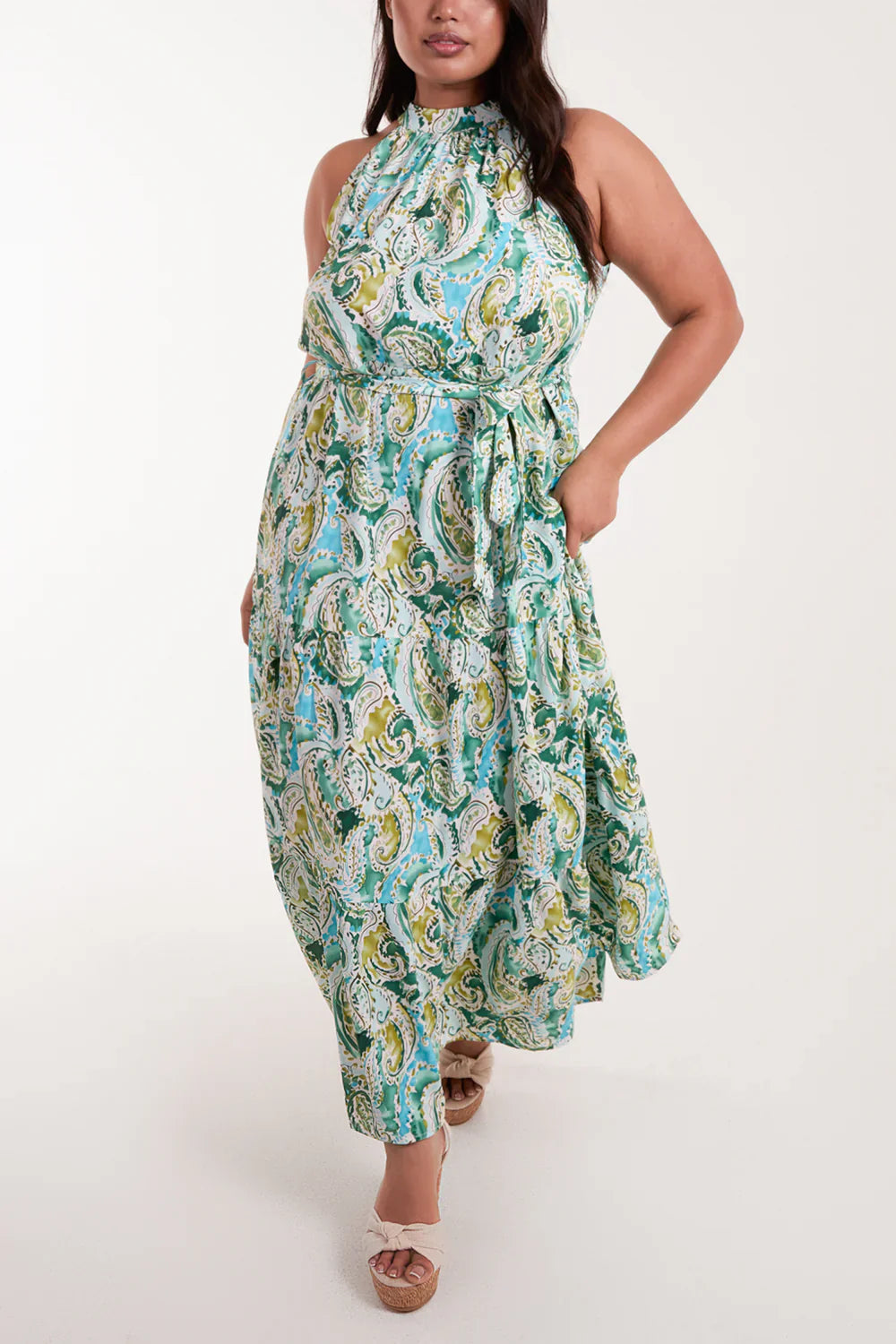 halter neck summer maxi dress uk Summer Palm Leaf Print Halter Neck Maxi Dress in Green
