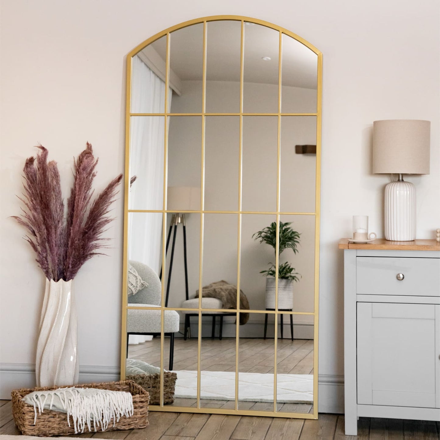 Tomi - Full Length Gold Metal Arched Lattice Window Mirror - 180cm x 90cm
