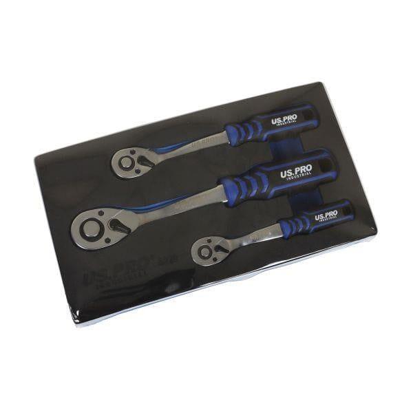 US PRO INDUSTRIAL 3pc 90t Ratchet Set 1/4 3/8 1/2 Drives Curved Handle With Grip 4229