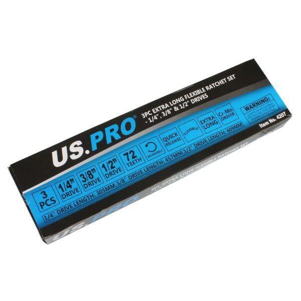 US PRO Tools 3pc Extra Long Flexible Ratchet Set 1/4", 3/8" & 1/2" Drive 4207