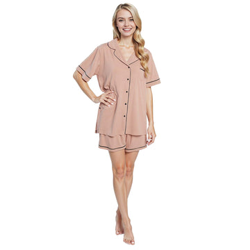 Women's Natural Short Pyjama Set Super Soft Sleepwear Nightwear Button Up Top and Shorts with Pockets PJs by Daisy Dreamer