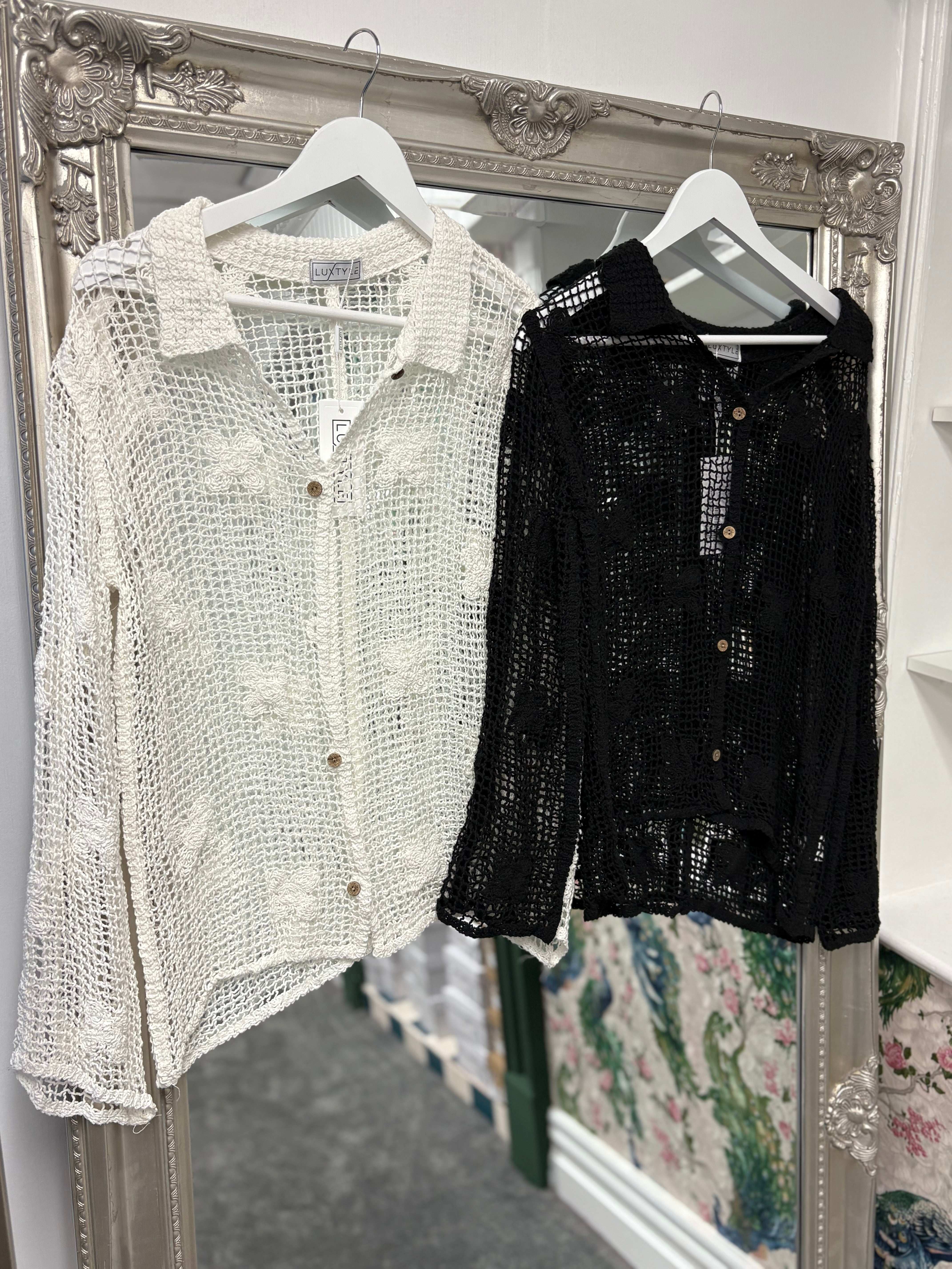 Luxtyle Square Crochet Shirt | Sheer Button Down Blouse | One Size Fits 8–16/18