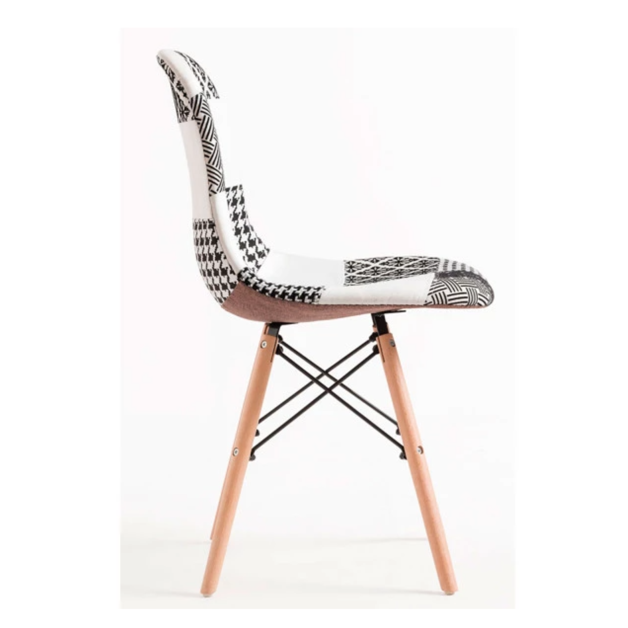 Black/White Patchwork Modern Dining Chair with Wooden Legs & Black Metal Wire Frame