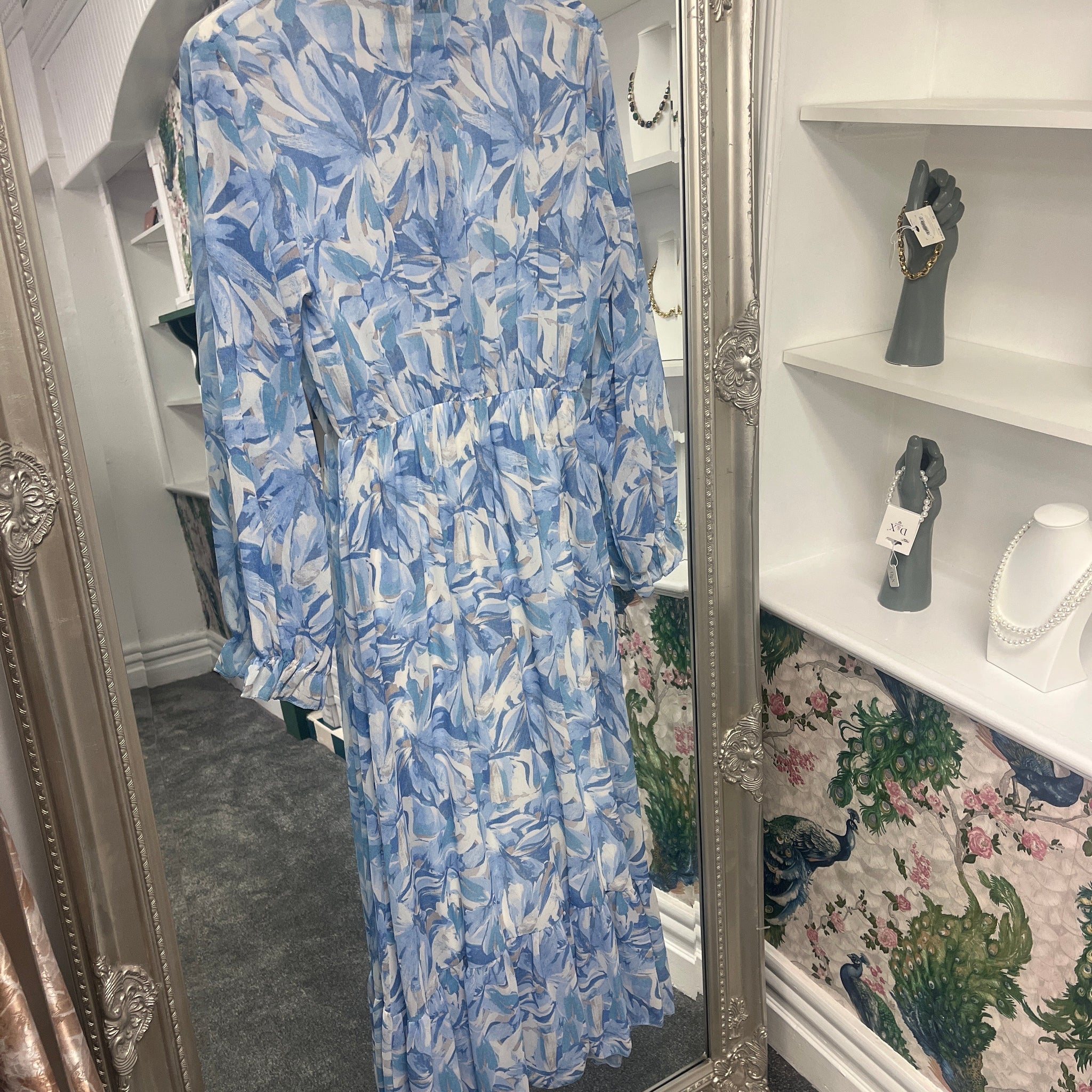 Blue Maxi Floral Long Sleeve Dress |One Size Dress 8–14