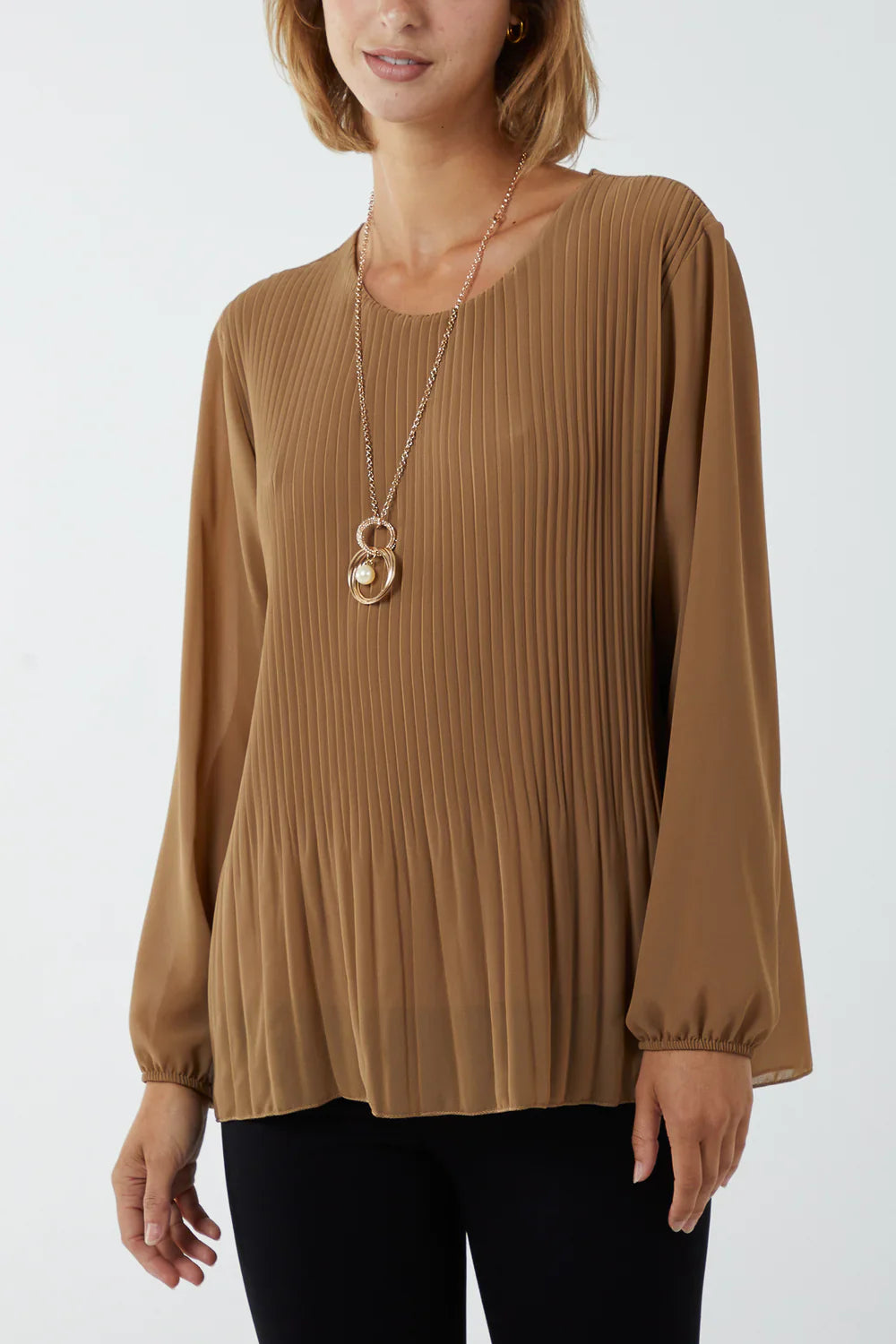 Pleated Longsleeve Top with Necklace – One Size Fits 8–16 (Available in Multiple Colours)