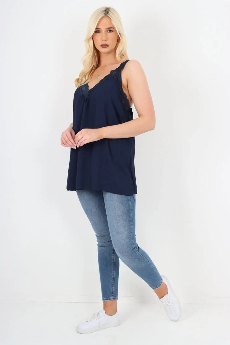 Italian V Neck Lace Detail Vest Top | One Size Fits 8–18 UK