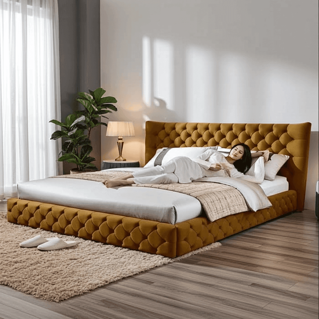 Madeline Wingback Bed – Curved Floor-Standing Upholstered Bed