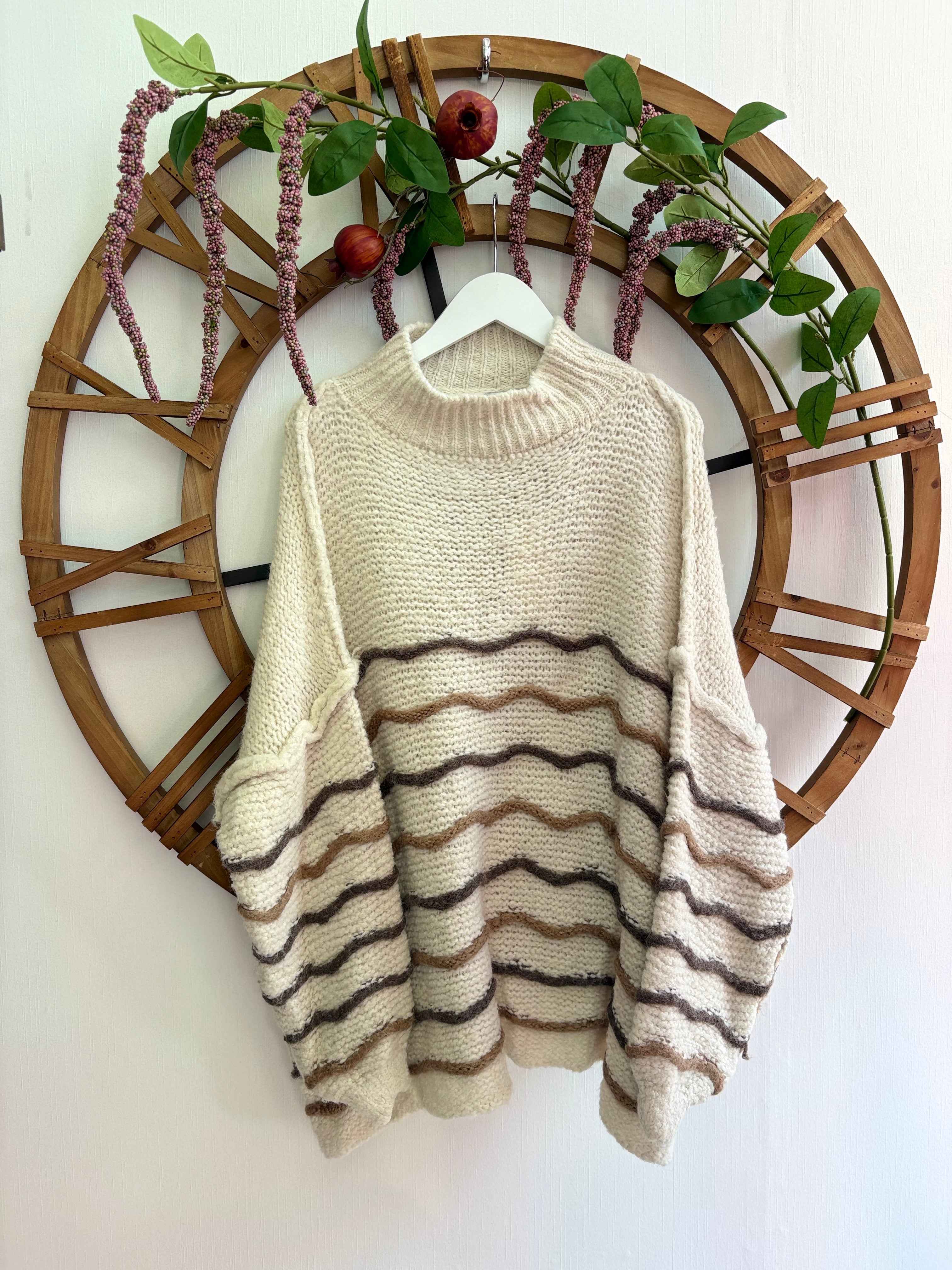 Luxtyle Chunky Stripe Knit Jumper – Ecru, Camel & Khaki – One Size (up to 18)