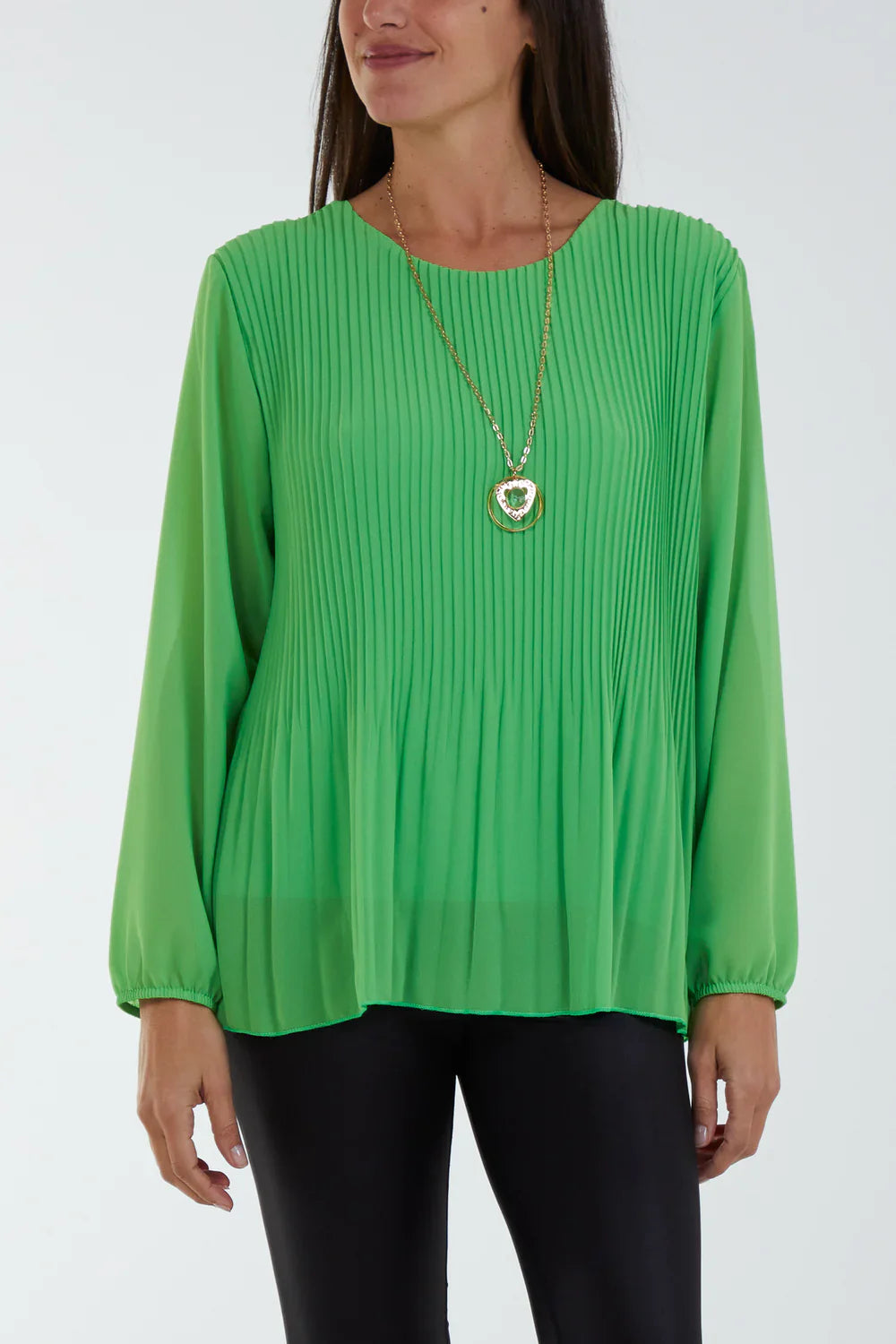 Pleated Longsleeve Top with Necklace – One Size Fits 8–16 (Available in Multiple Colours)