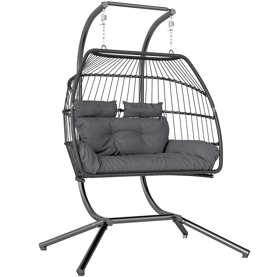 Outsunny Rattan Double Hanging Egg Chair with Stand, Cushion, Dark Grey