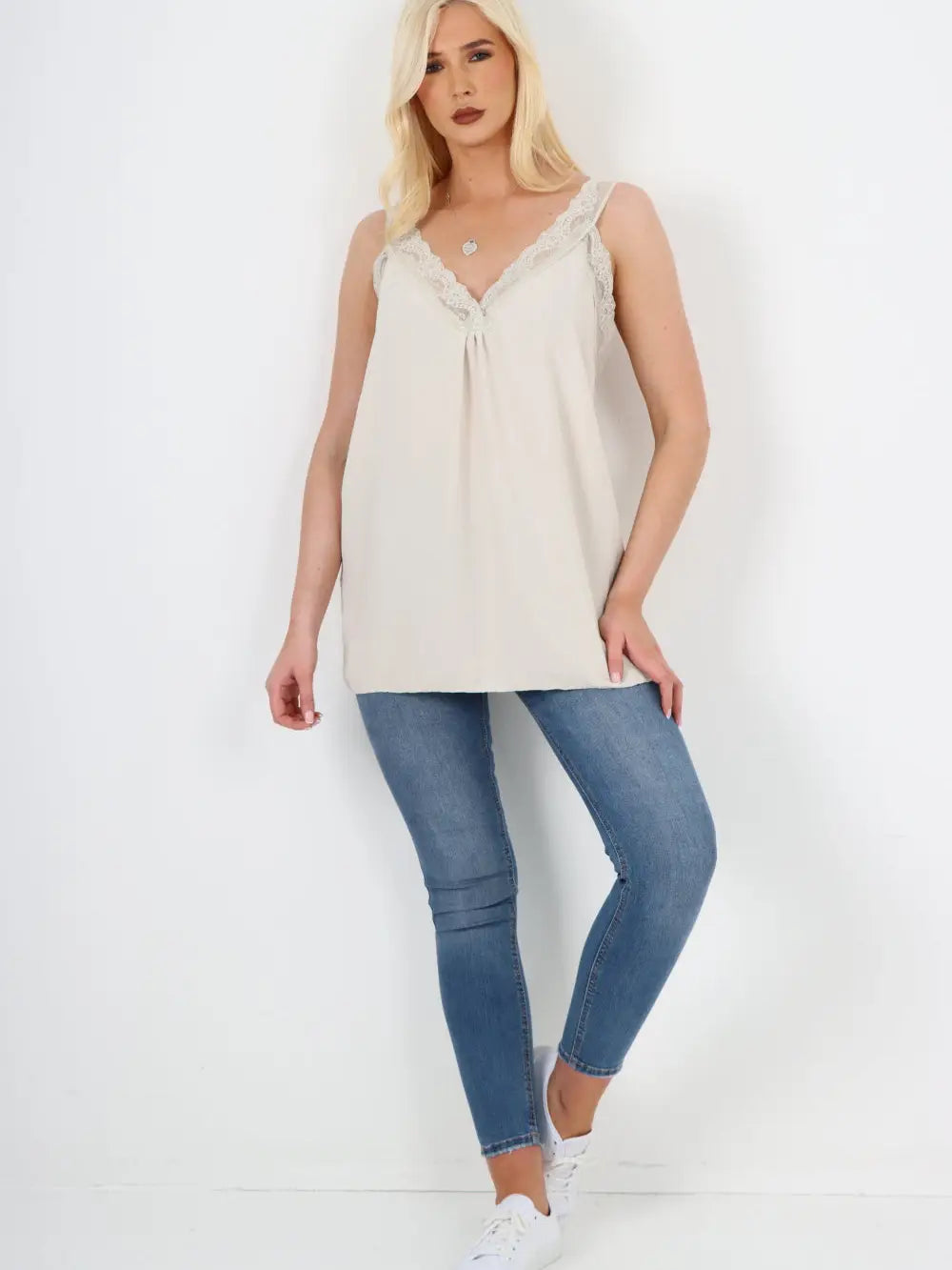 Italian V Neck Lace Detail Vest Top | One Size Fits 8–18 UK