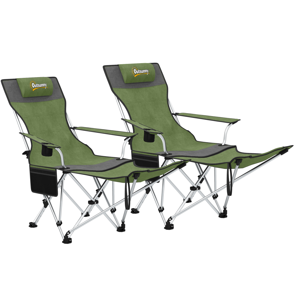 Outsunny Set of 2 Reclining Camping Chairs, Olive Green and Grey