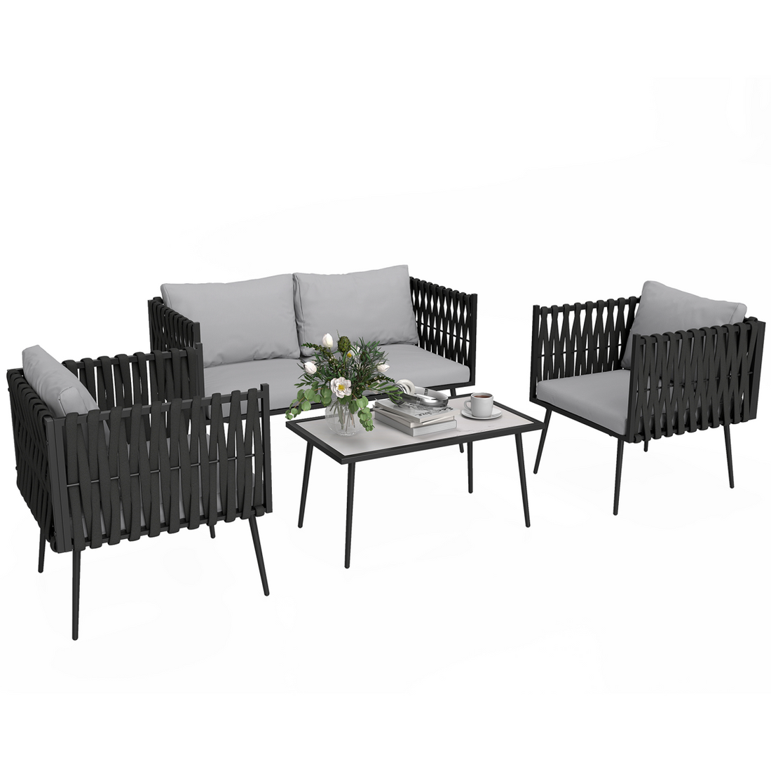 Outsunny 4 Piece Garden Furniture Set with Cushions for Patio, Light Grey