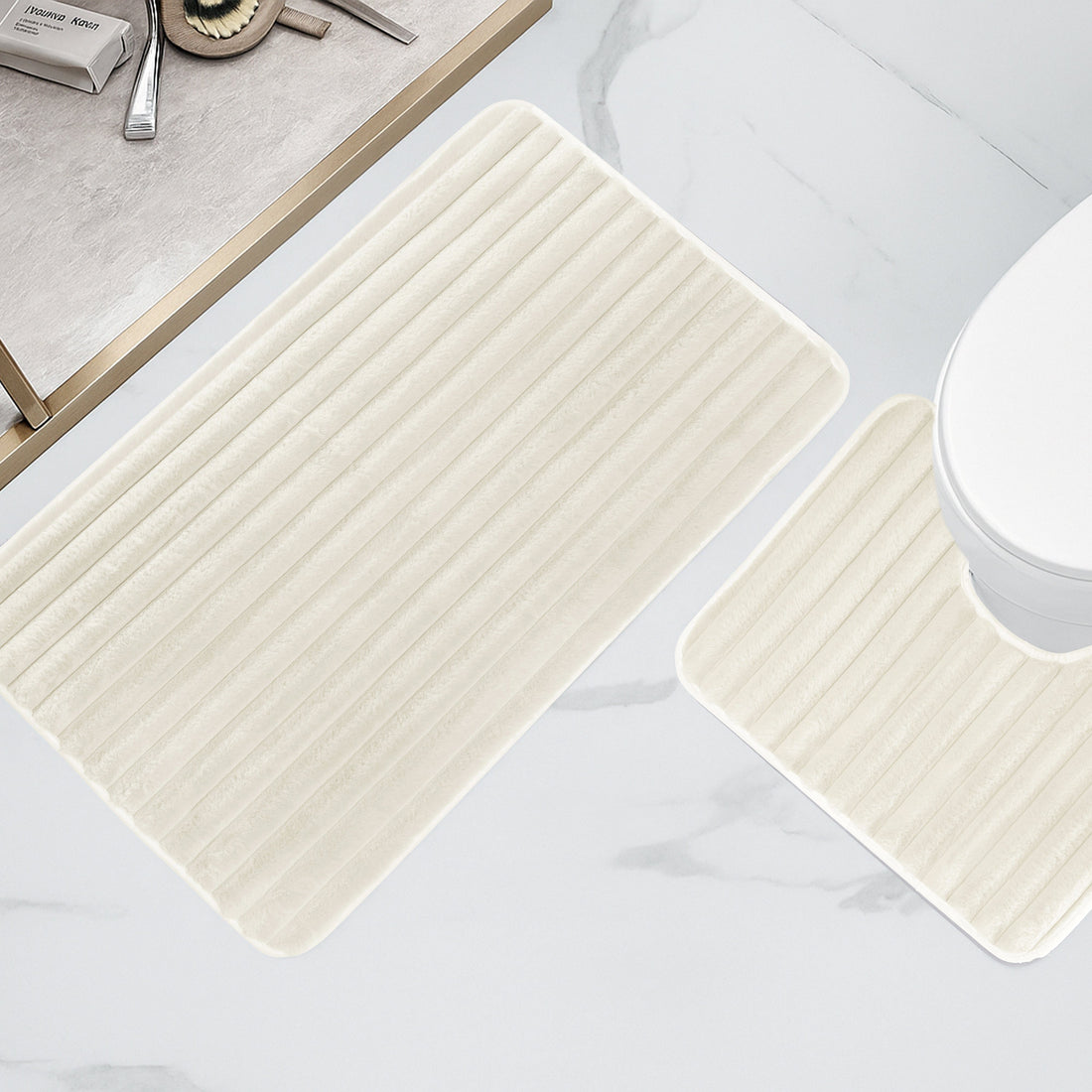 2 Piece Ribbed Bath Mat Set in Cream Extra Soft Non Slip Super Absorbent Bathroom & Toilet Mats Easy Care Rug by OLIVIA ROCCO