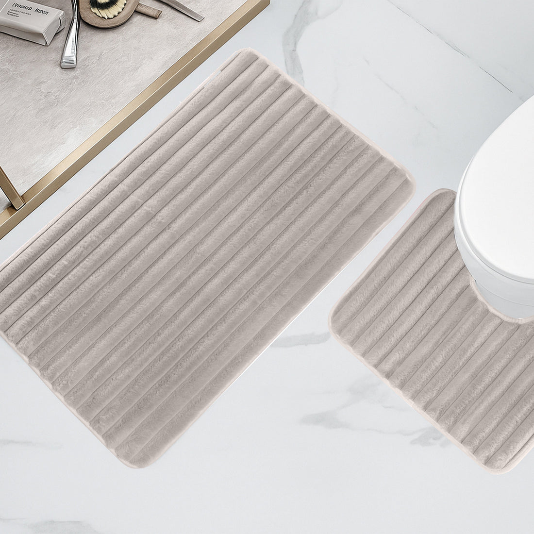 2 Piece Ribbed Bath Mat Set in Natural Extra Soft Non Slip Super Absorbent Bathroom & Toilet Mats Easy Care Rug by OLIVIA ROCCO