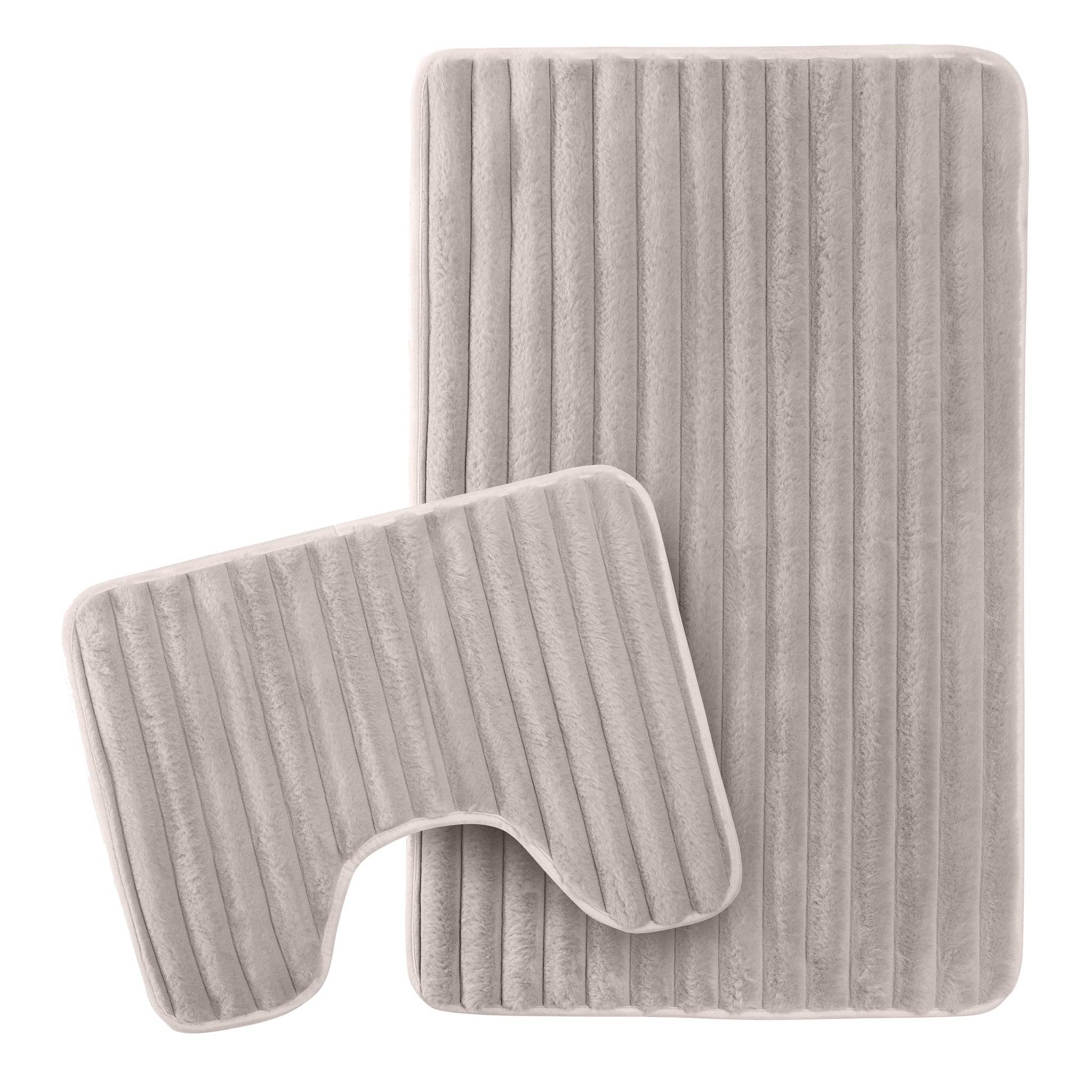 2 Piece Ribbed Bath Mat Set in Natural Extra Soft Non Slip Super Absorbent Bathroom & Toilet Mats Easy Care Rug by OLIVIA ROCCO