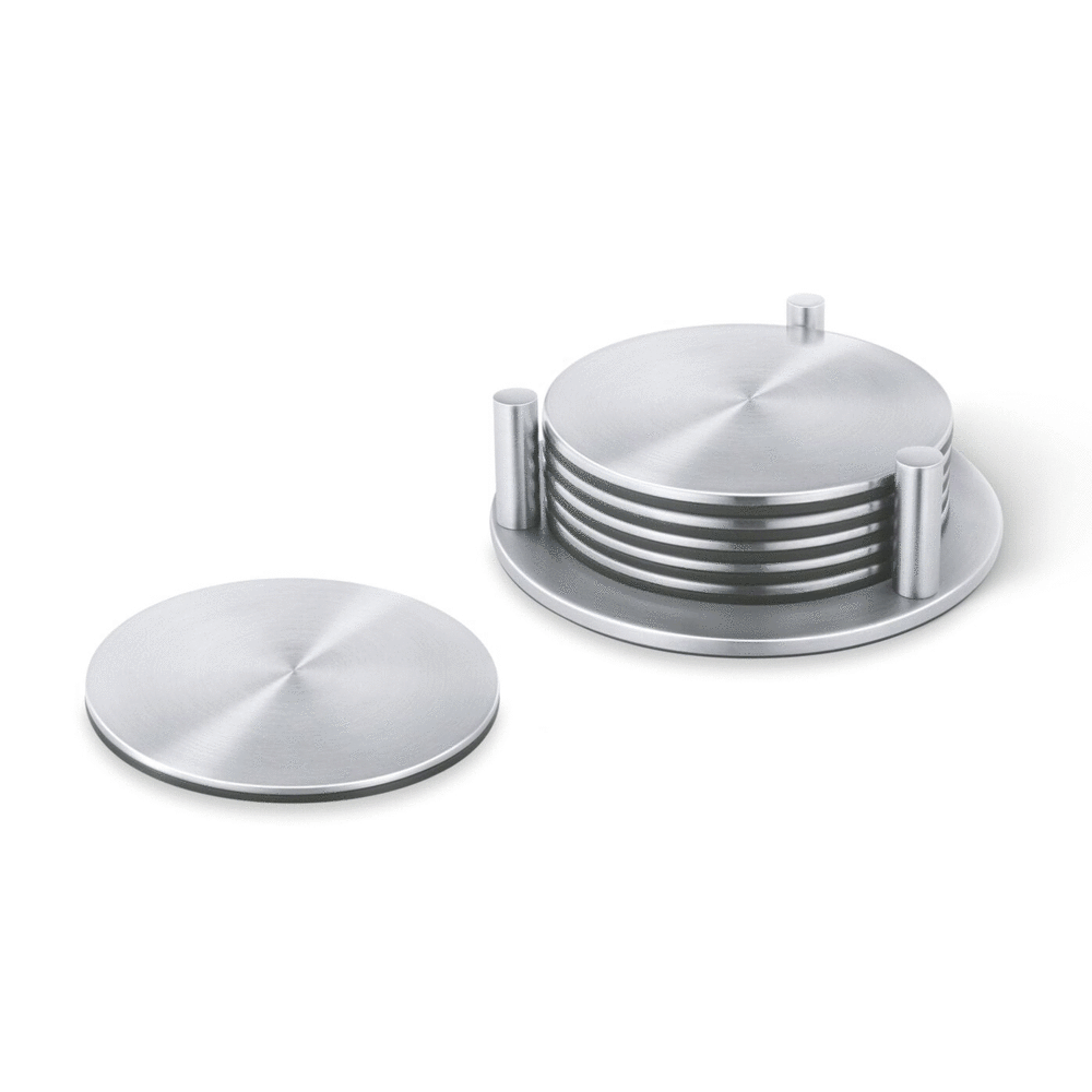 Zack Regio Brushed Stainless Steel Coaster Set with Stand - 6 Piece