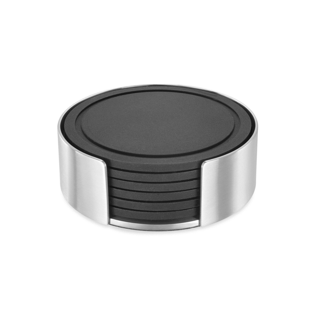 Zack Vetro Silicone Coaster Set with Brushed Steel Stand - 6 Piece