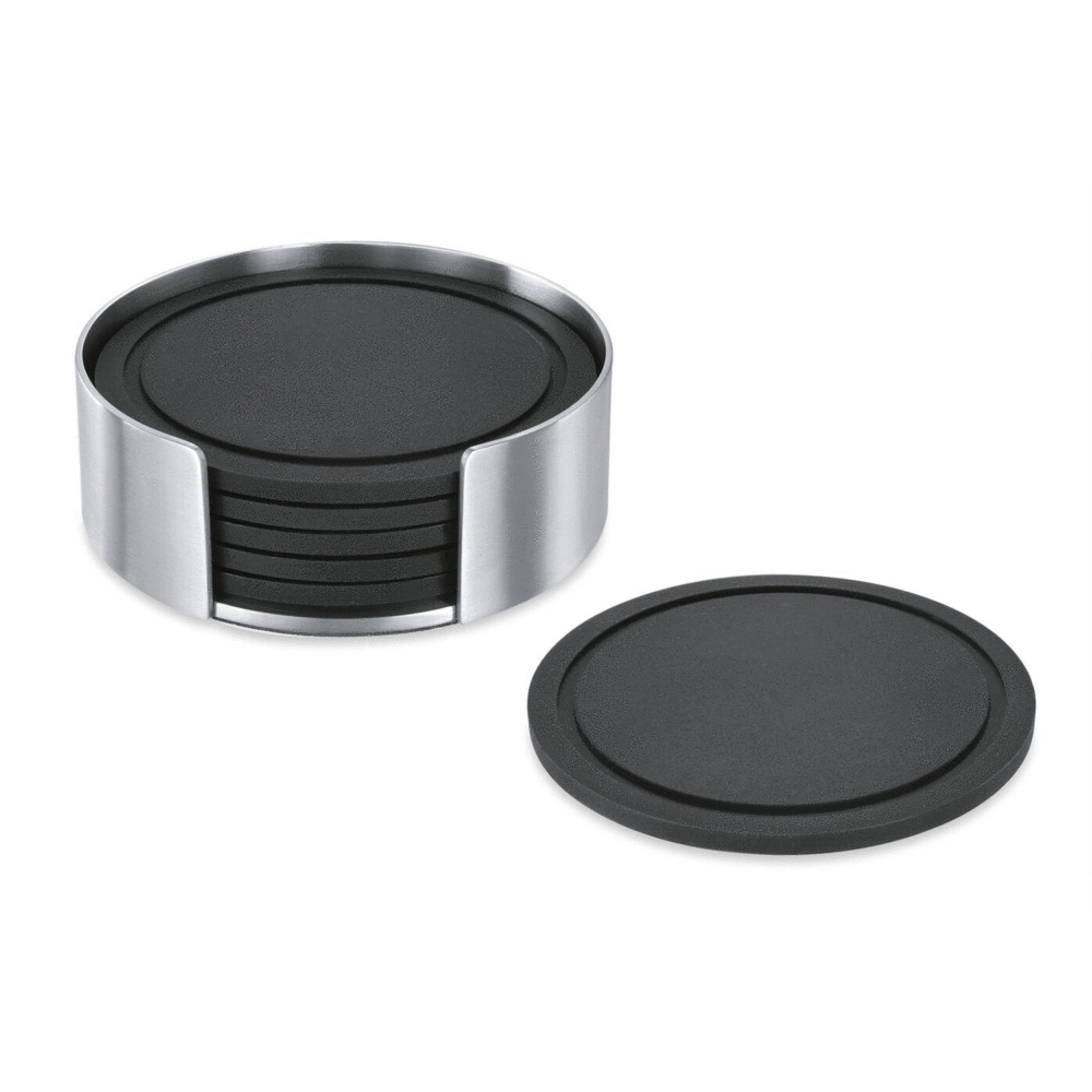 Zack Vetro Silicone Coaster Set with Brushed Steel Stand - 6 Piece