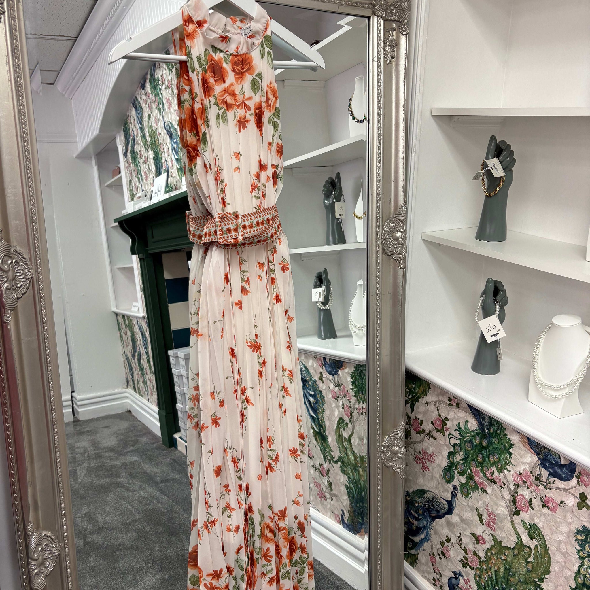 Luxtyle High Neck Pleated Orange Flower Dress – One Size (8–20)