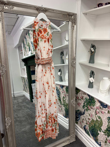 Luxtyle High Neck Pleated Orange Flower Dress – One Size (8–20)