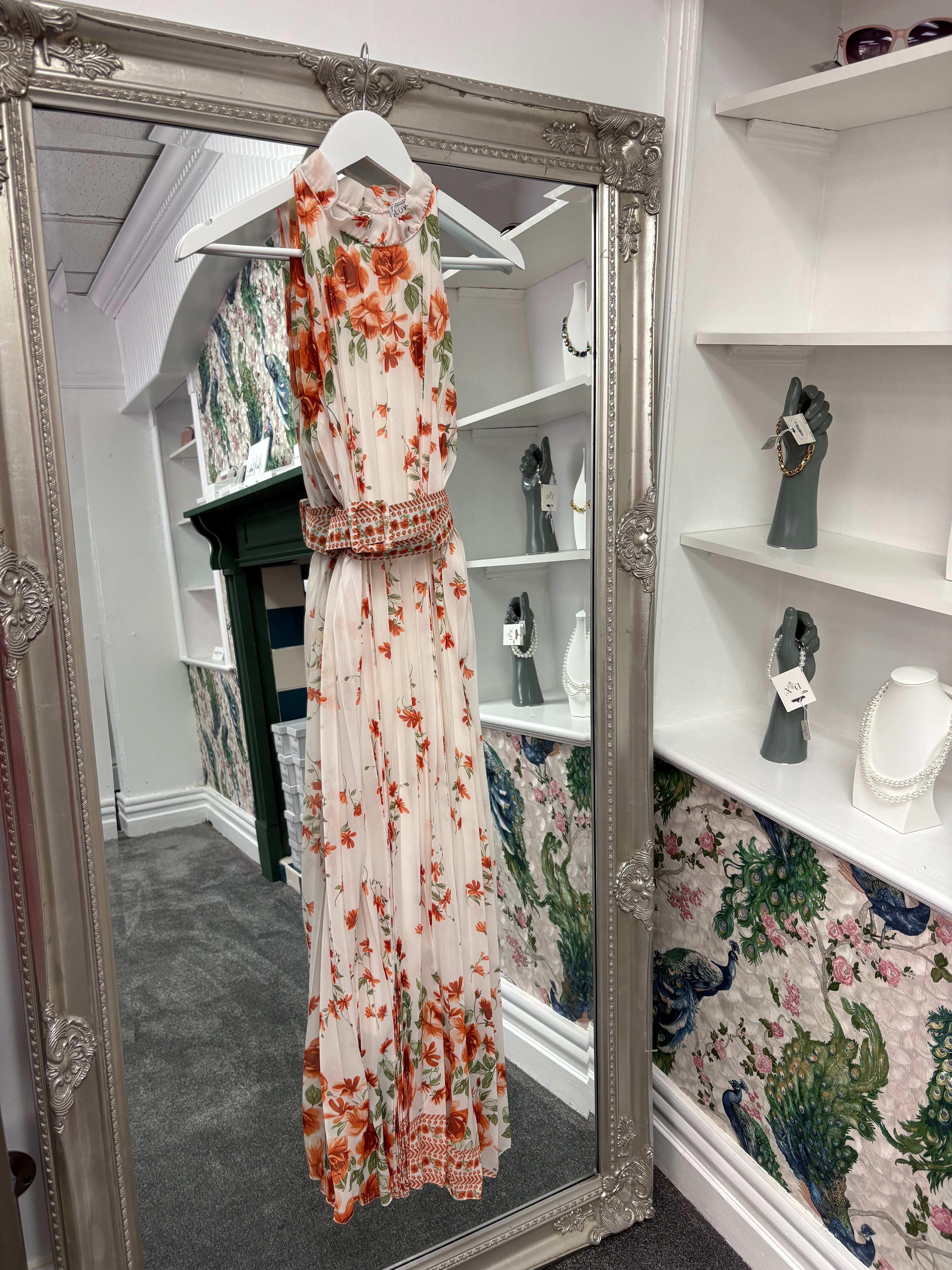 Luxtyle High Neck Pleated Orange Flower Dress – One Size (8–20)