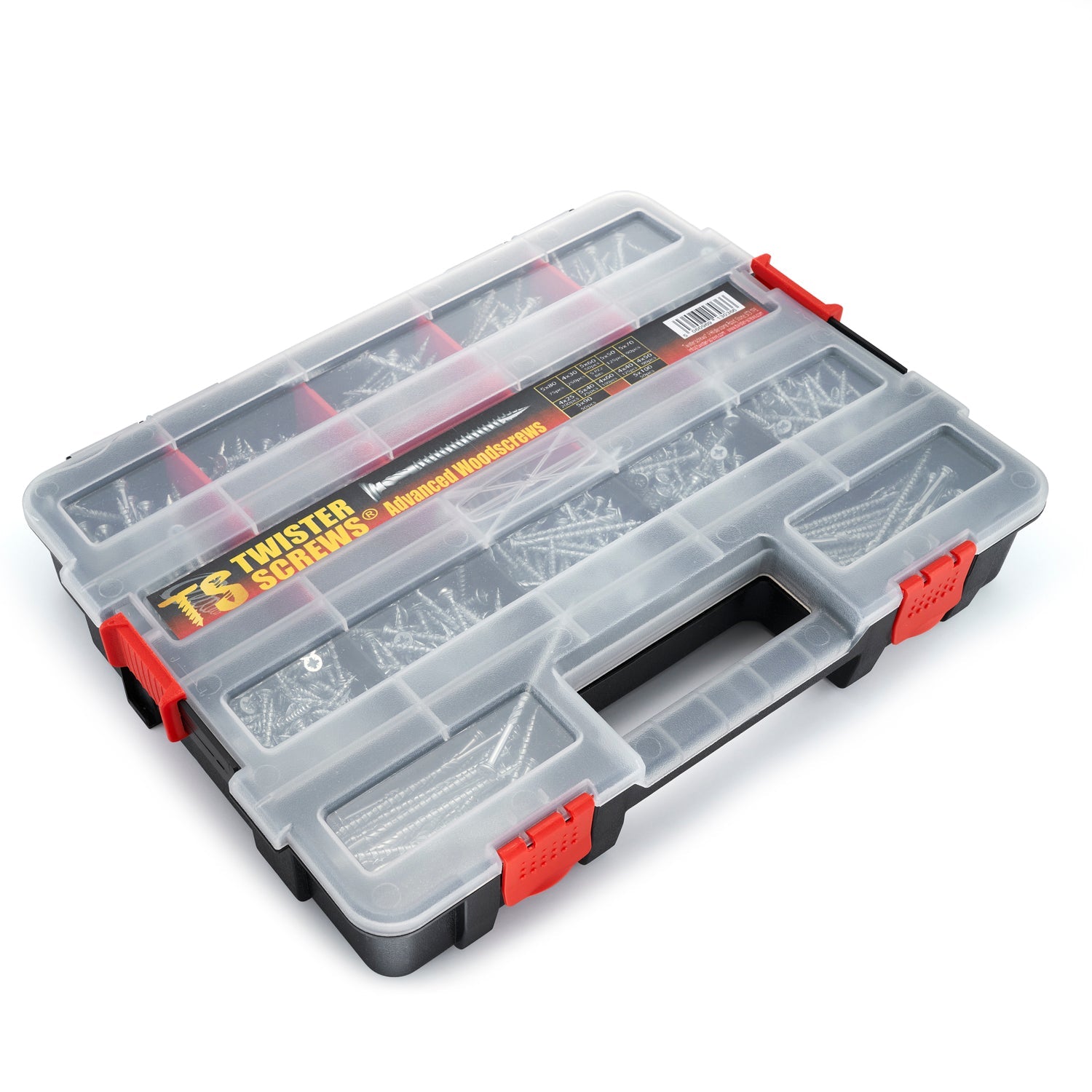 Twister Screws MultiBox – 1,280-Piece Zinc-Coated Wood Screws, 12 Sizes, Self-Countersinking, Type 17 Point, Pozi Drive, U-Thread, Includes 5 PZ2 Bits, Organizer Box for DIY & Indoor Projects