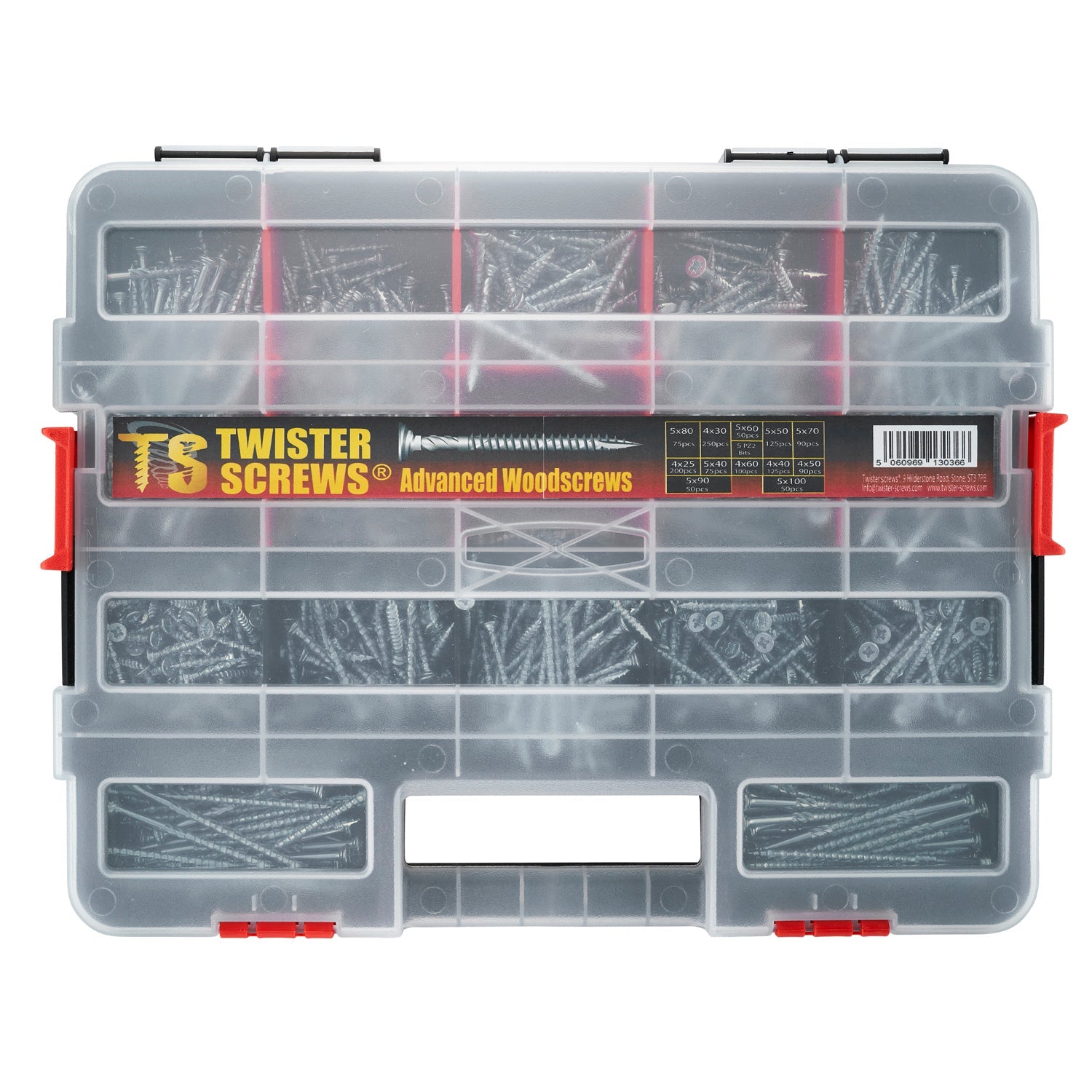 Twister Screws MultiBox – 1,280-Piece Zinc-Coated Wood Screws, 12 Sizes, Self-Countersinking, Type 17 Point, Pozi Drive, U-Thread, Includes 5 PZ2 Bits, Organizer Box for DIY & Indoor Projects
