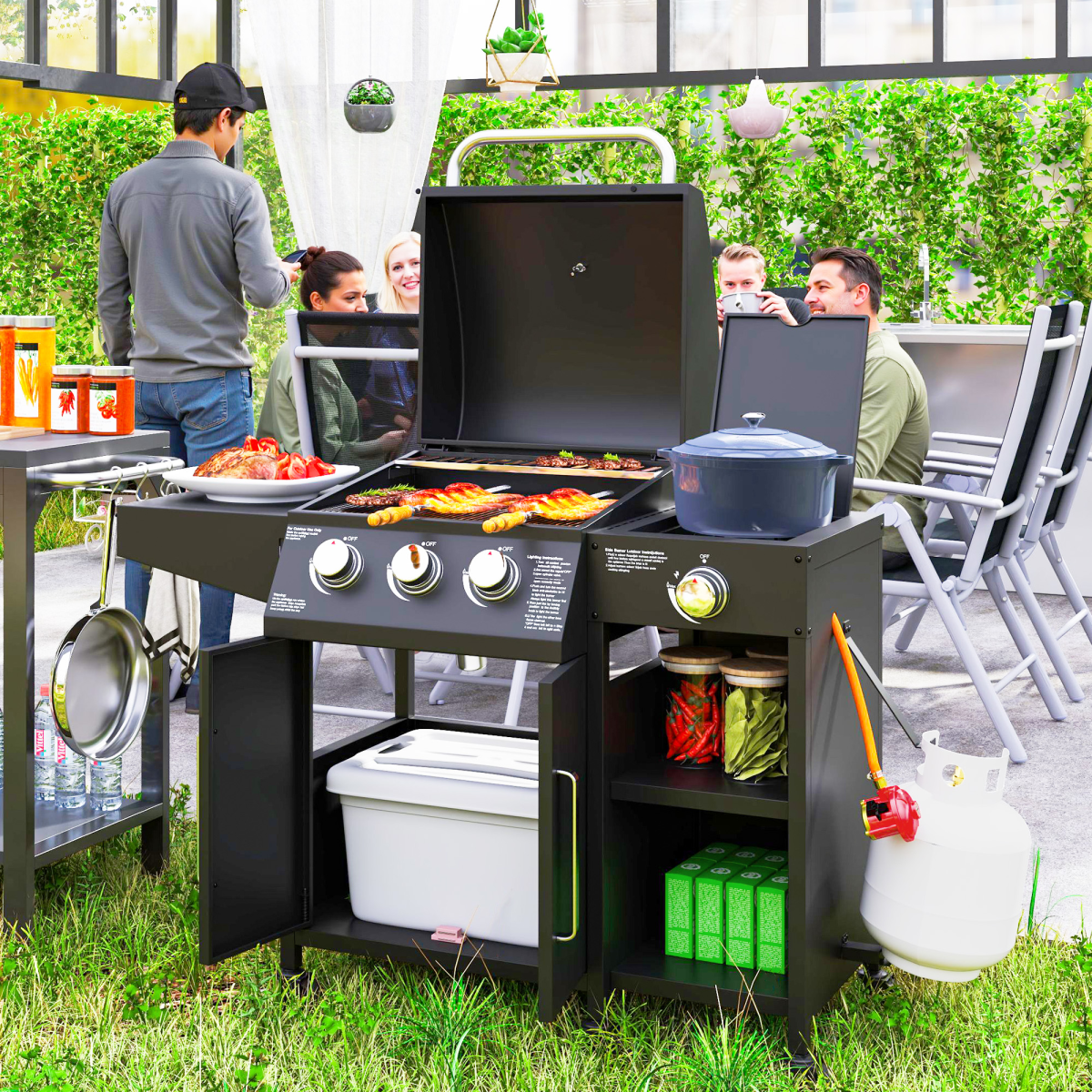 Outsunny 9.5 kW Gas Barbecue with 3+1 Burner, Storage Cabinet and Shelves