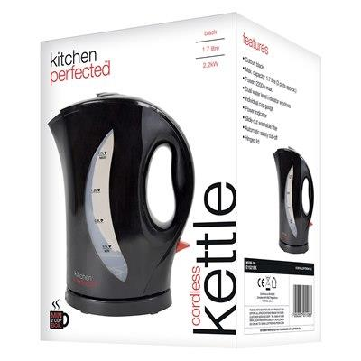 Kitchen Perfected Black 2Kw 1.7Ltr Cordless Kettle, Plastic E1524BK