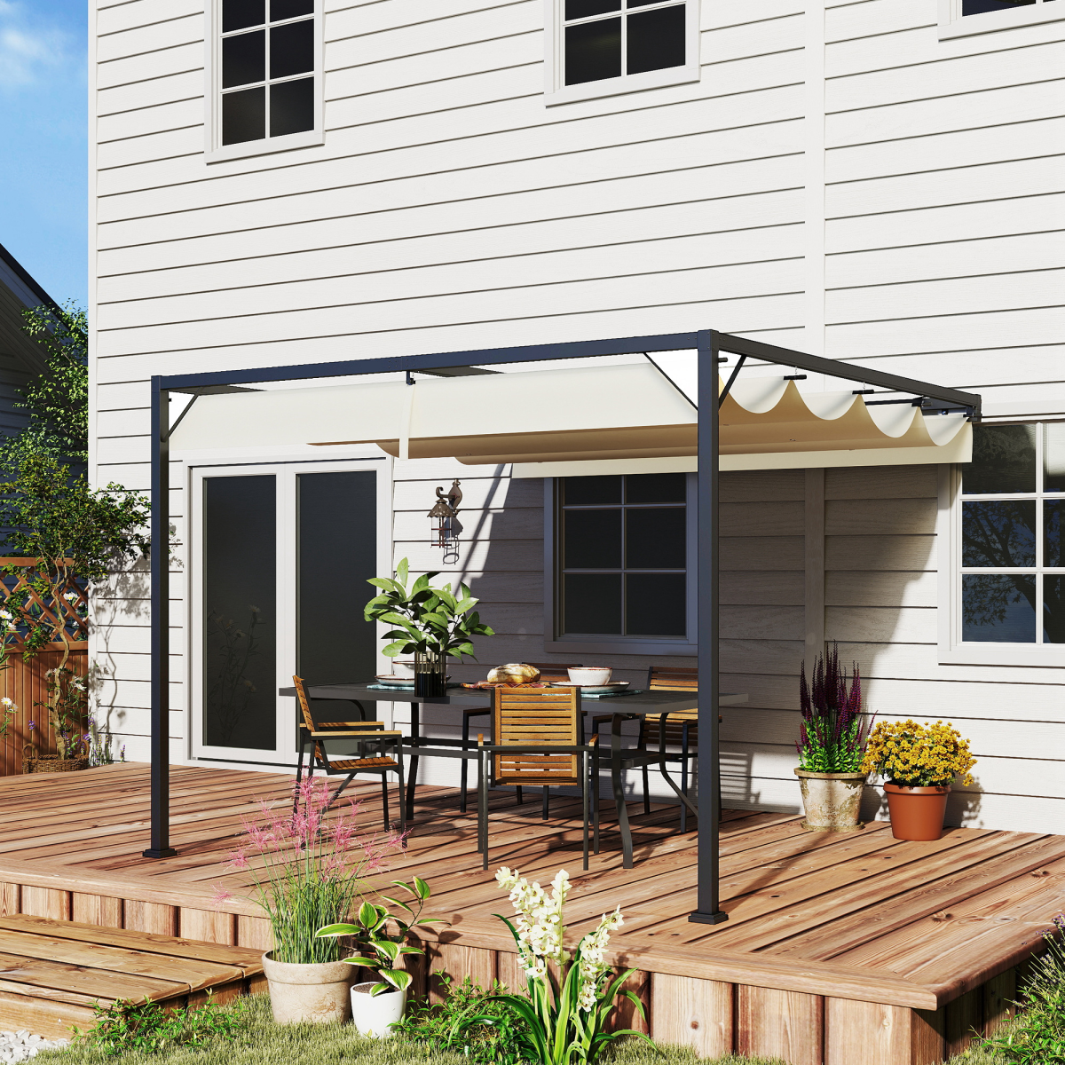 Outsunny 3 x 3(m) Outdoor Pergola Retractable Canopy Wall Mounted, Cream