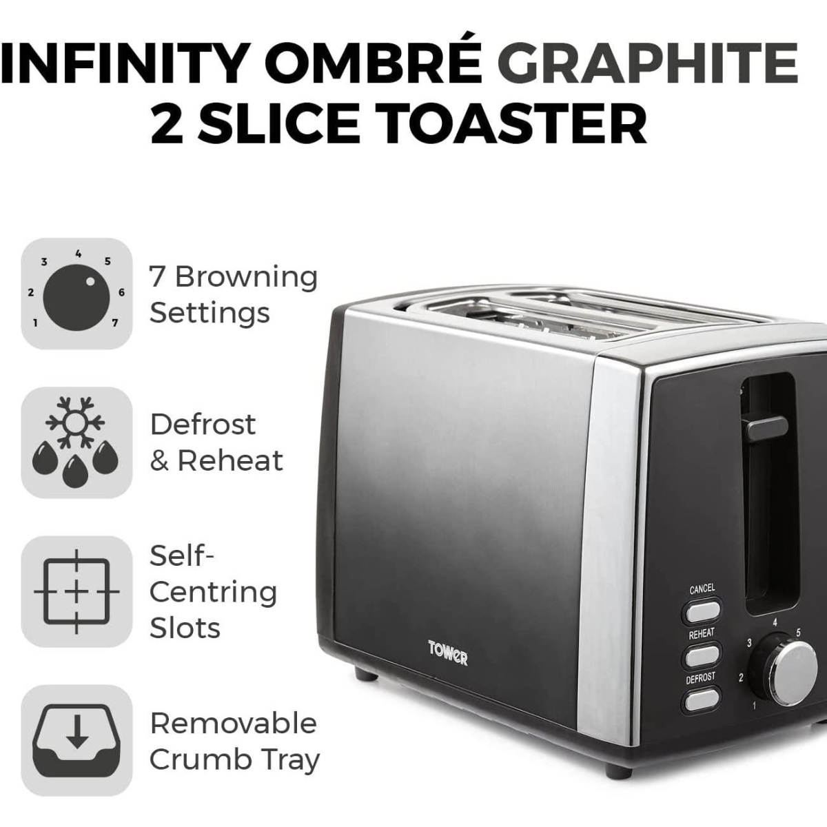 Infinity Graphite Tower Infinity Ombre Graphite 900W 2 Slice Toaster Graphite- T20038GRP ...
