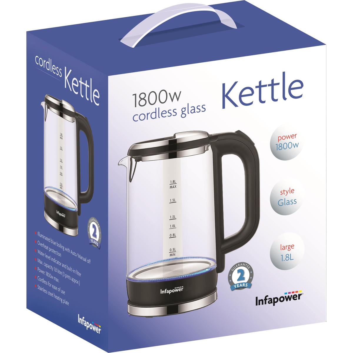 Infapower Glass 1800w 1.7L 360° Cordless Kettle- X507